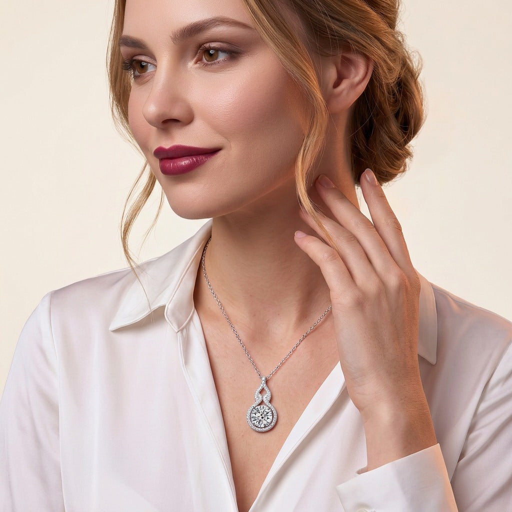 Round Moissanite Halo Pendant with Pave Swirl Bail in 925 Silver - on model