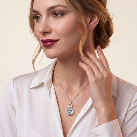 Round Moissanite Halo Pendant with Pave Swirl Bail in 925 Silver - on model
