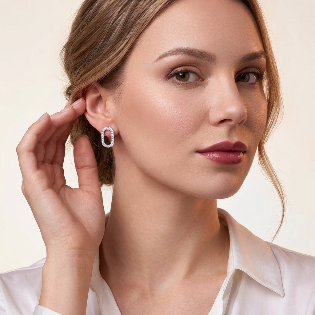 Moissanite Pave Open Oval Link Stud Earrings in 925 Sterling Silver - on model