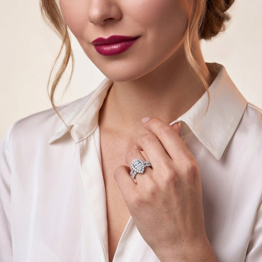 Pear Moissanite Halo Ring and Eternity Band Set in 925 Silver - on model