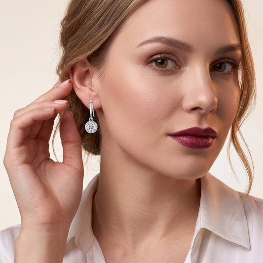 Round Moissanite Bezel Drop Earrings in 925 Sterling Silver - on model
