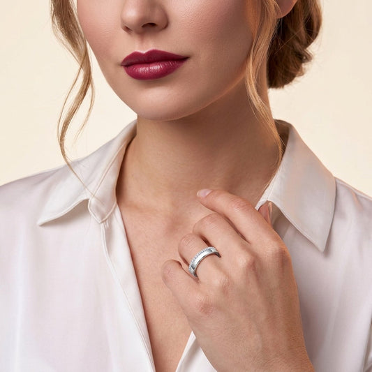 Moissanite Slim Pave and Polished Stacked Band in 925 Sterling Silver - on model