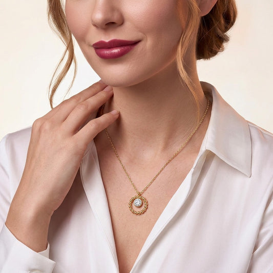 Round Moissanite Bezel Beaded Circle Pendant in Gold-Plated 925 Silver - on model