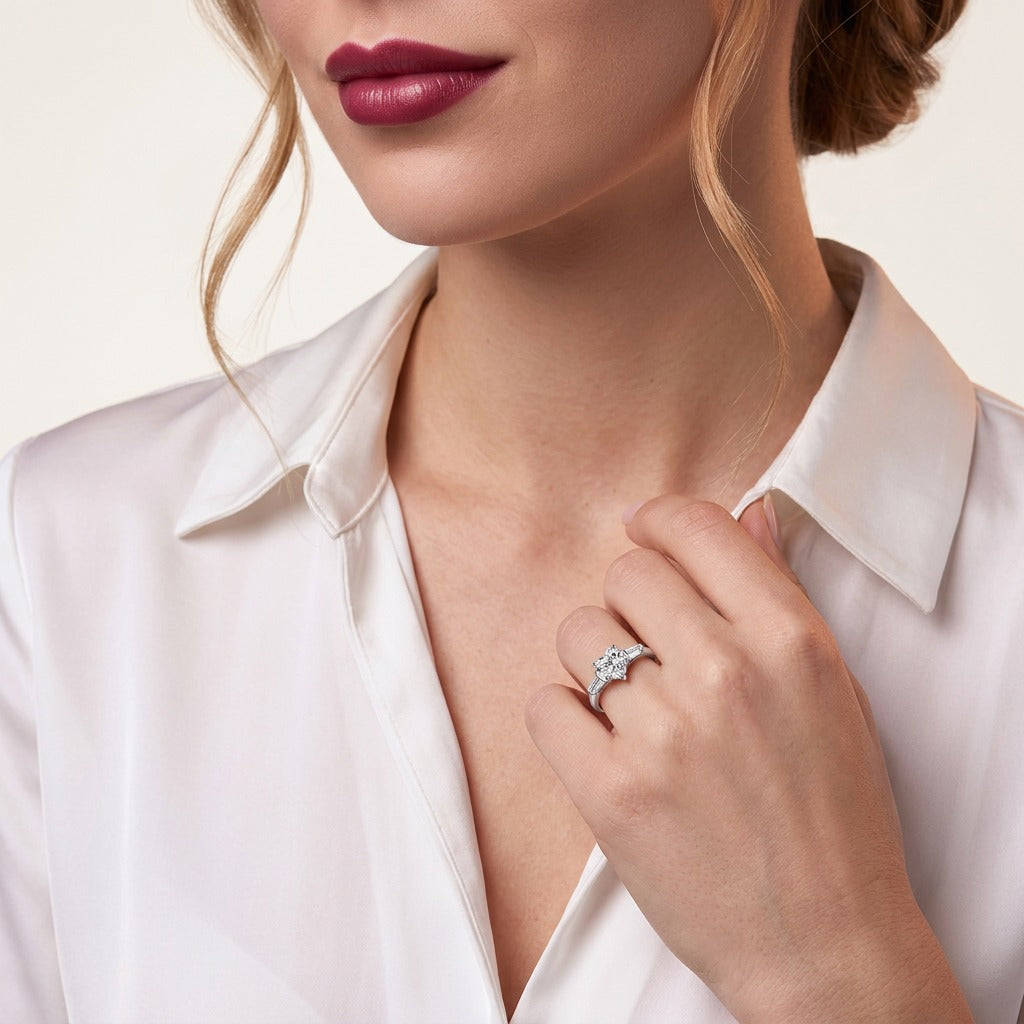 Heart Moissanite Ring with Tapered Baguette Side Stones in 925 Silver - on model