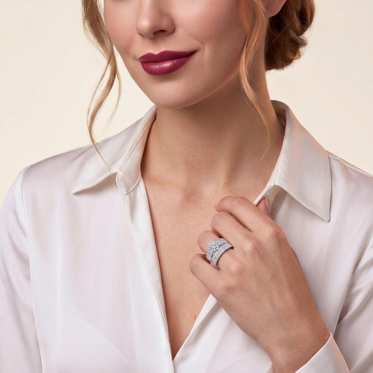Round Moissanite Solitaire on Wide Baguette Band in 925 Silver - on model