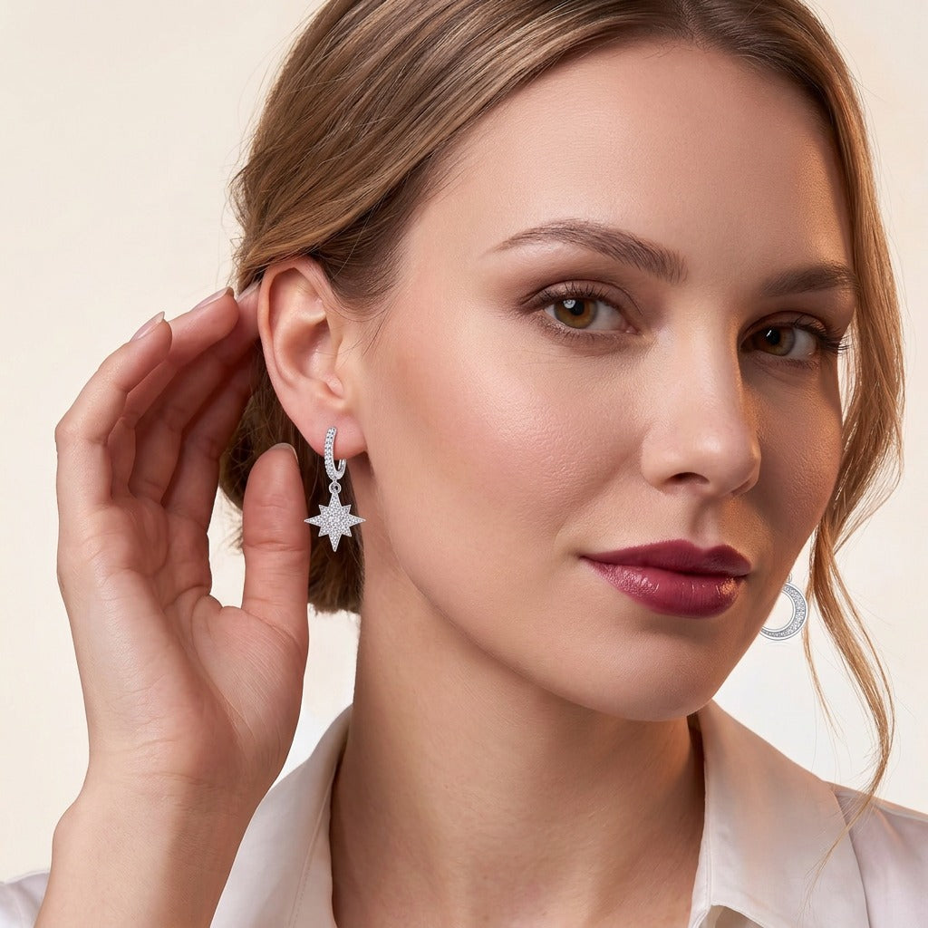 Moissanite Moon and Star Mismatched Huggie Drop Earrings in 925 Silver - on model