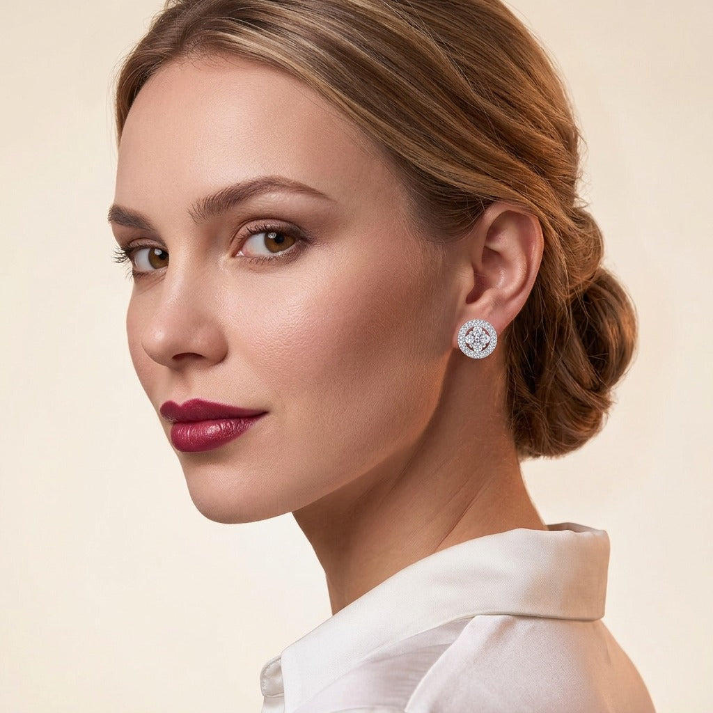 Round Moissanite Cluster Halo Stud Earrings in 925 Sterling Silver - on model