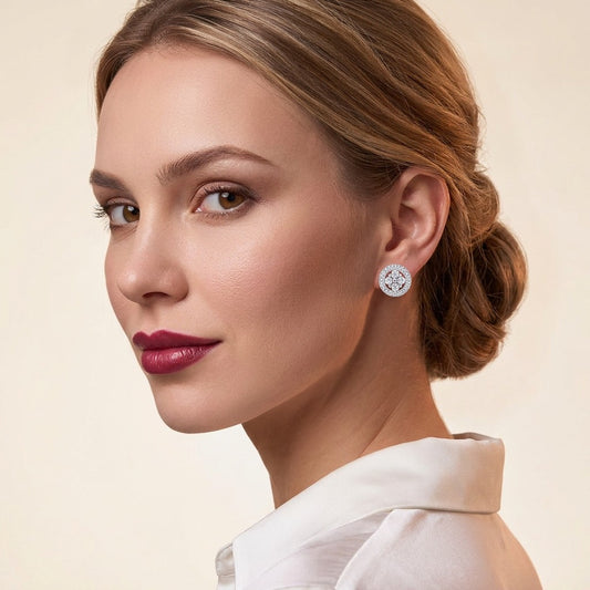 Round Moissanite Cluster Halo Stud Earrings in 925 Sterling Silver - on model