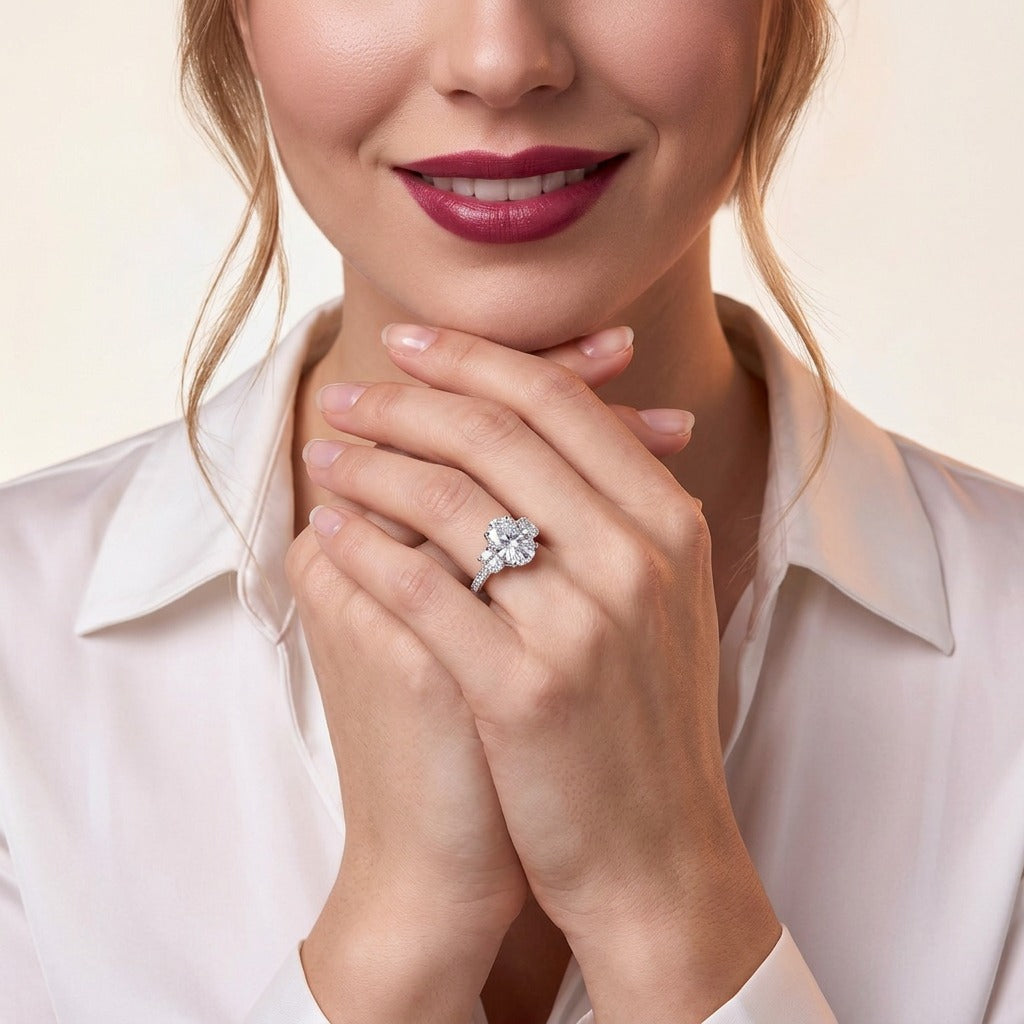 Oval Moissanite Three-Stone Ring with Half-Moon Sides in 925 Silver - on model
