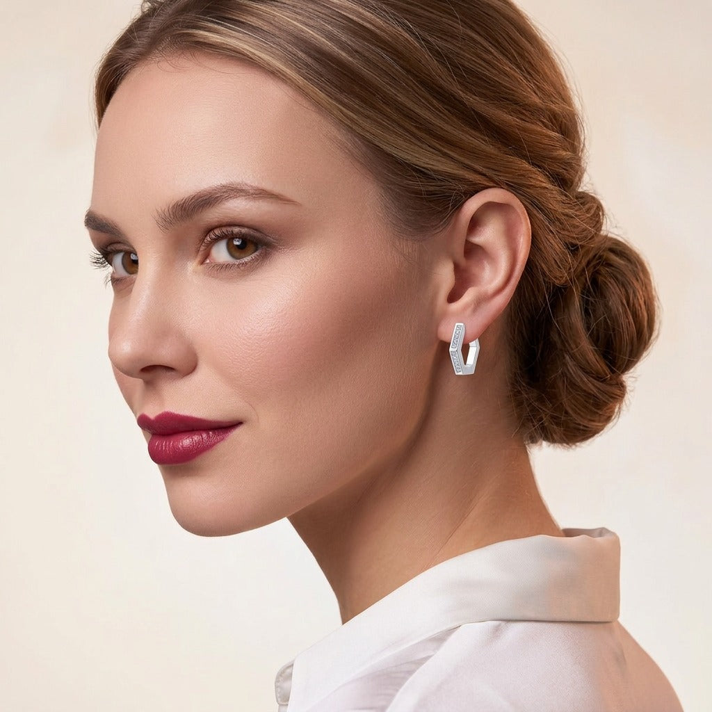 Moissanite Pave Hexagon Huggie Hoop Earrings in 925 Sterling Silver - on model