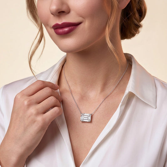 Emerald-Cut Moissanite East-West Solitaire Necklace in 925 Silver - on model