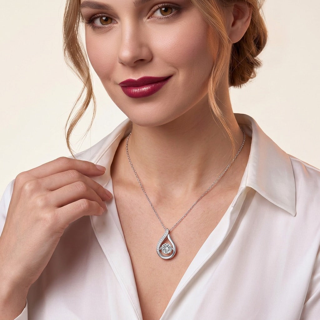 Round Moissanite Open Teardrop Pendant Necklace in 925 Silver - on model