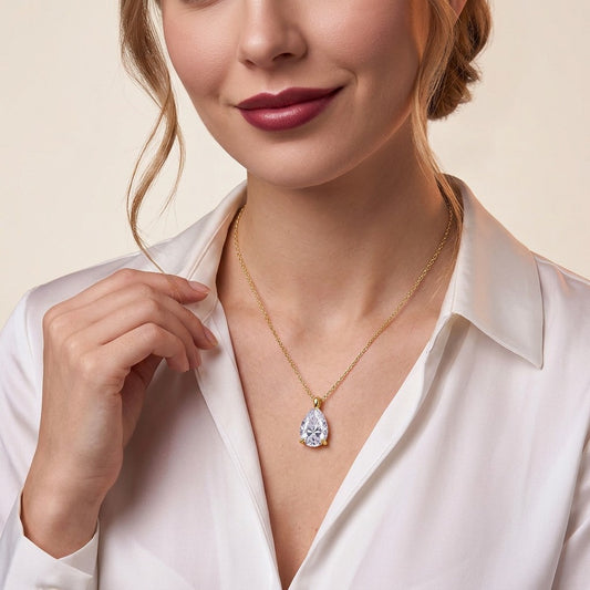 Pear Moissanite Solitaire Pendant Necklace in Gold-Plated 925 Silver - on model