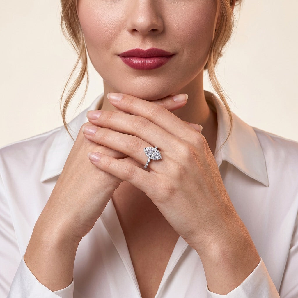 Marquise Moissanite Vintage-Style Halo Engagement Ring in 925 Silver - on model