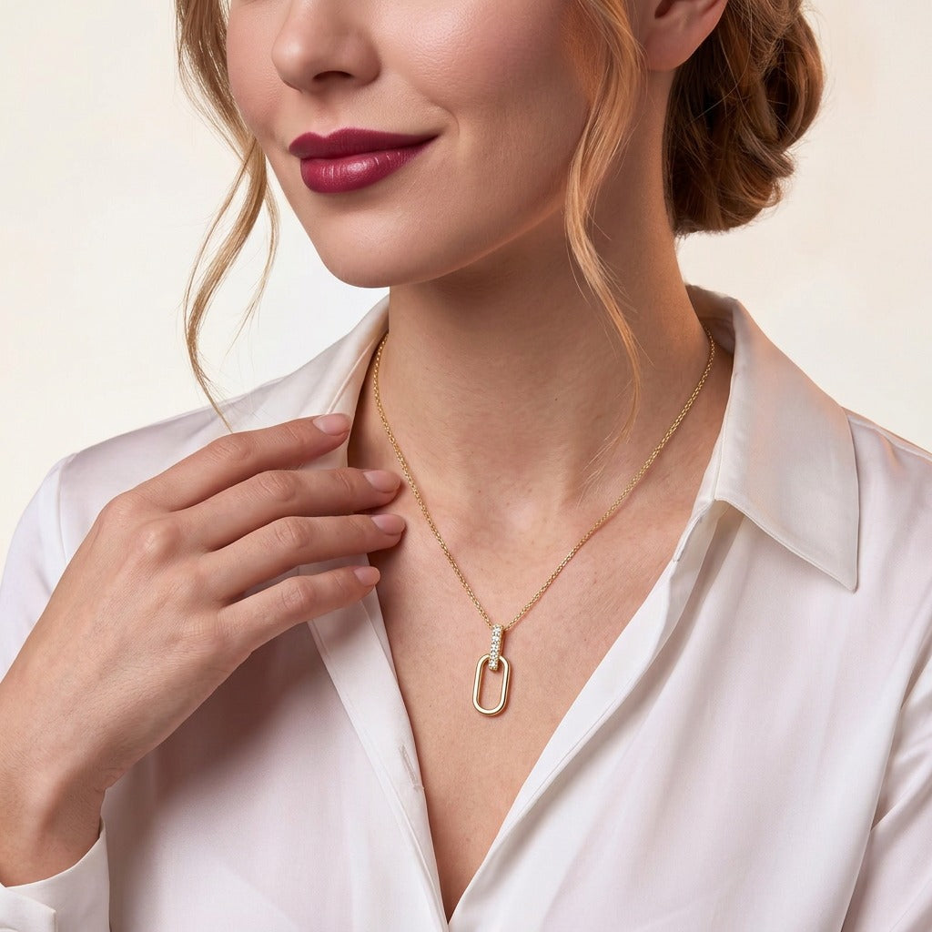 Moissanite Pave Bail Paperclip Link Pendant in Gold-Plated 925 Silver - on model