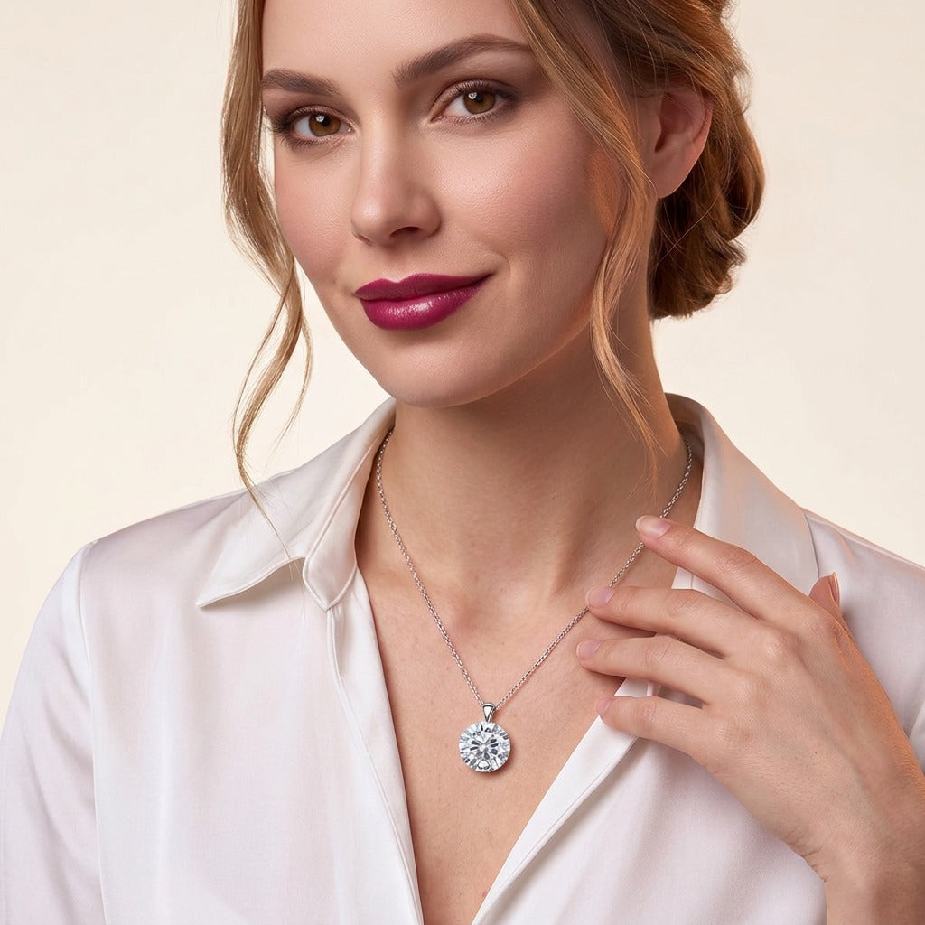 Round Moissanite Solitaire Pendant Necklace in 925 Sterling Silver - on model
