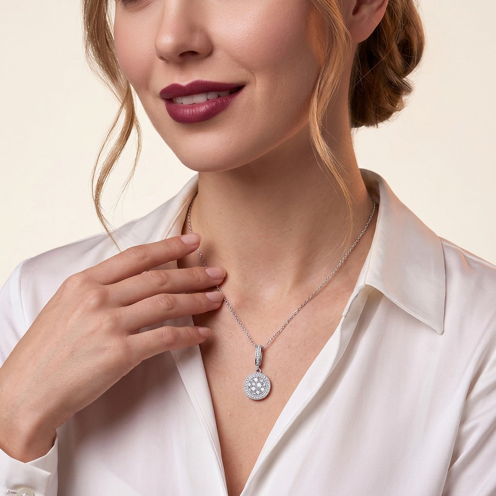 Moissanite Pave Round Disc Pendant Necklace in 925 Sterling Silver - on model