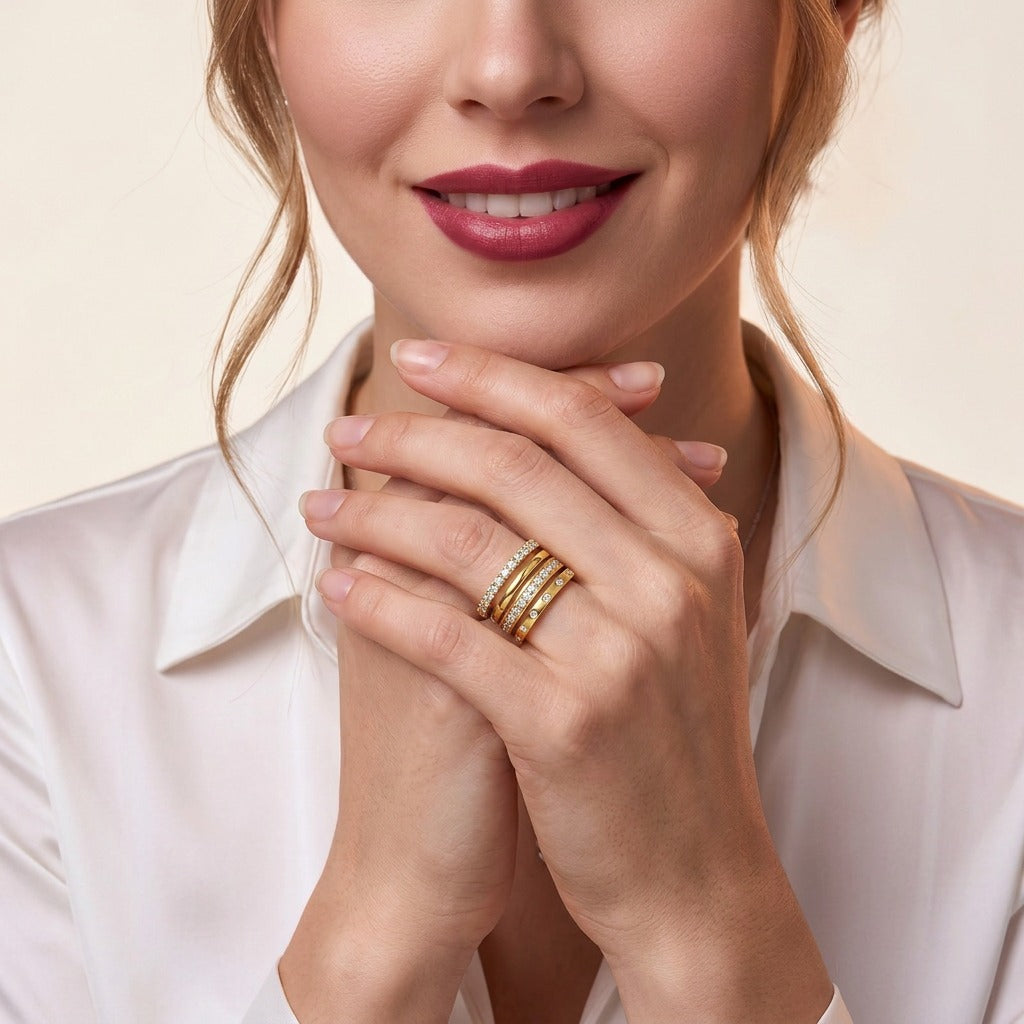 Moissanite Five-Piece Stacking Ring Set in Gold-Plated 925 Silver - on model