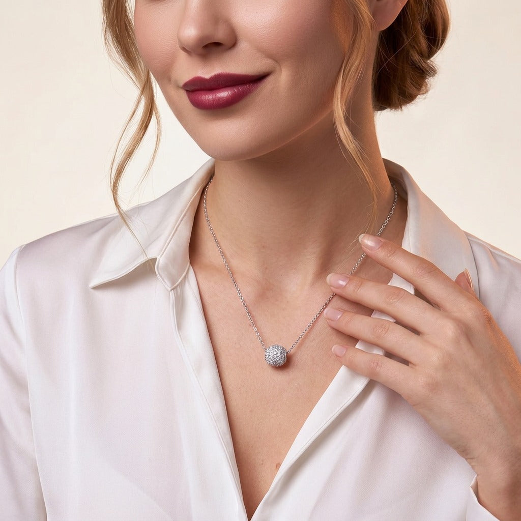 Moissanite Pave Ball Pendant Necklace in 925 Sterling Silver - on model