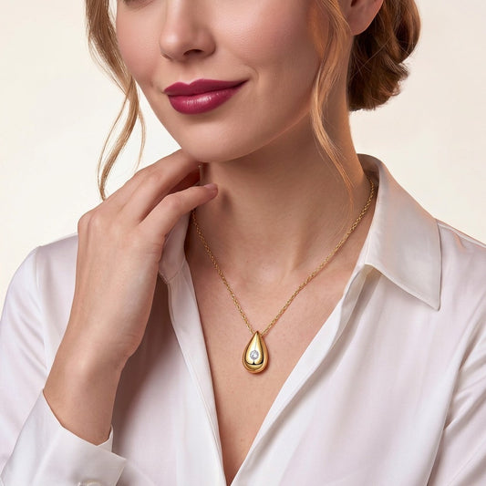 Moissanite Accent Polished Teardrop Pendant in Gold-Plated 925 Silver - on model