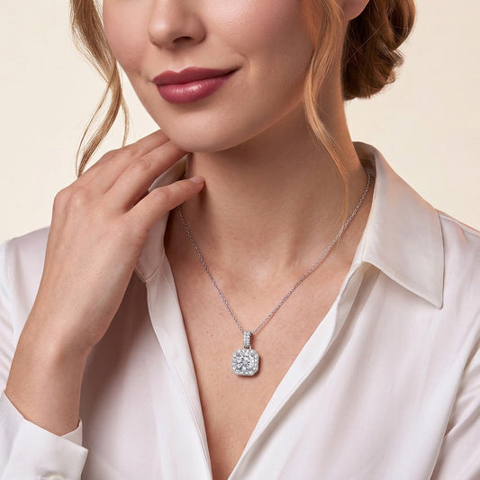 Round Moissanite Octagon Halo Pendant Necklace in 925 Sterling Silver - on model