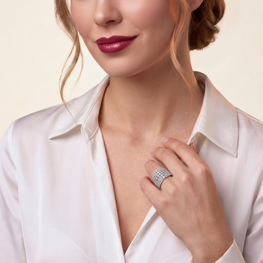 Wide Multi-Row Moissanite Pave Cocktail Ring in 925 Sterling Silver - on model