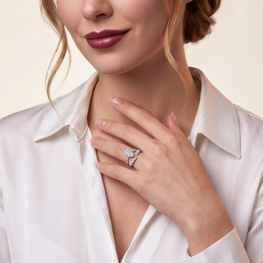 Marquise Moissanite Solitaire and Marquise Band Set in 925 Silver - on model