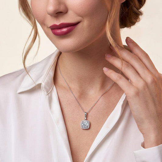 Round Moissanite Square Halo Pendant Necklace in 925 Sterling Silver - on model