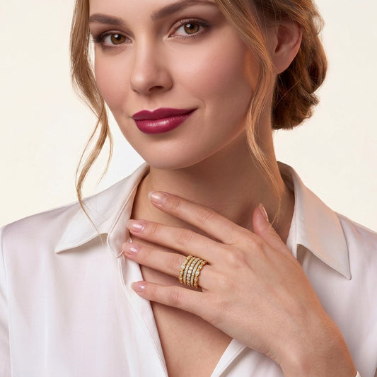 Moissanite Five-Band Eternity and Station Ring Set in Gold-Plated 925 Silver - on model