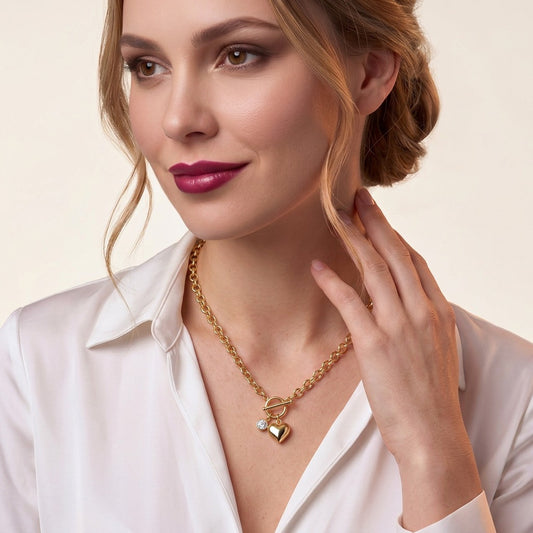 Rolo Chain Toggle Necklace with Moissanite Heart Charm in Gold-Plated 925 Silver - on model