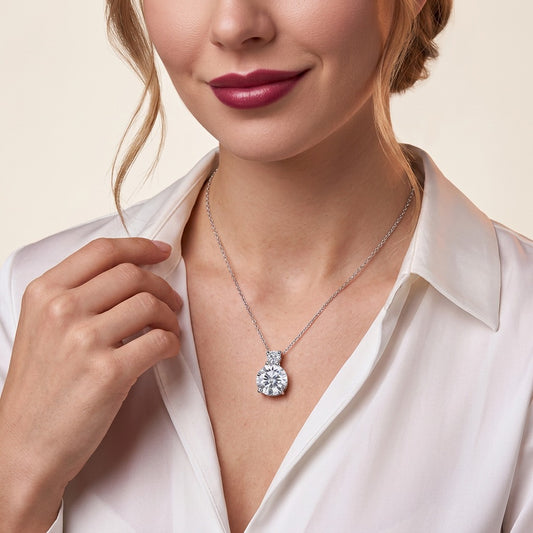 Round Moissanite Two-Stone Drop Pendant Necklace in 925 Silver - on model