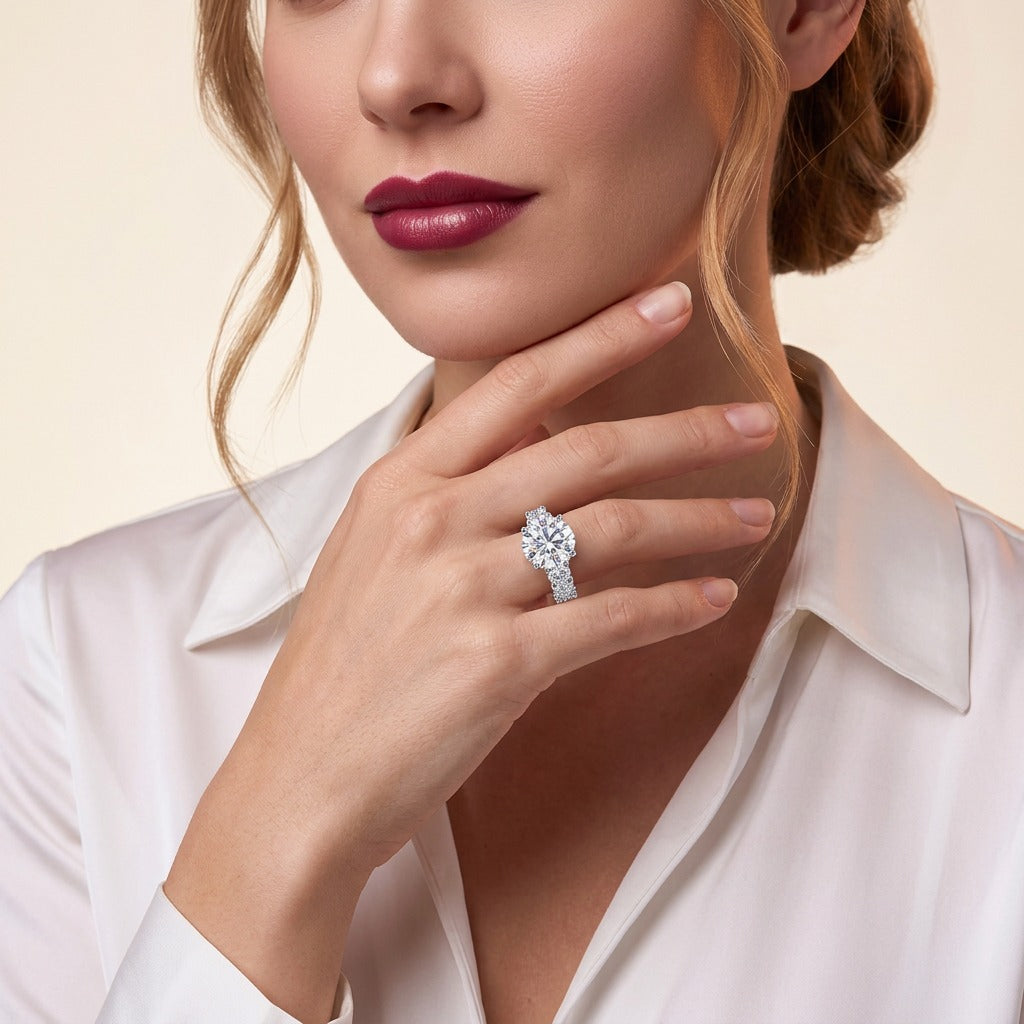 Round Moissanite Three-Stone Ring with Pave Band in 925 Silver - on model