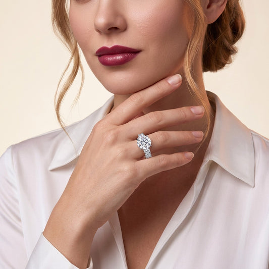 Round Moissanite Three-Stone Ring with Pave Band in 925 Silver - on model
