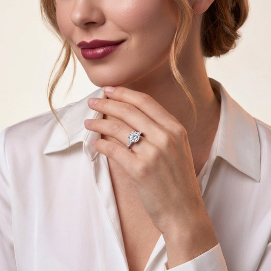 Round Moissanite Three-Stone Ring with Baguette Sides in 925 Silver - on model