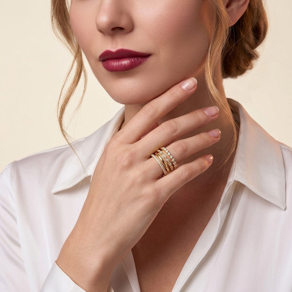Moissanite Stackable Five-Ring Set in Gold-Plated 925 Sterling Silver - on model