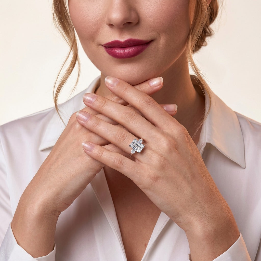 Emerald-Cut Moissanite Three-Stone Ring in 925 Sterling Silver - on model