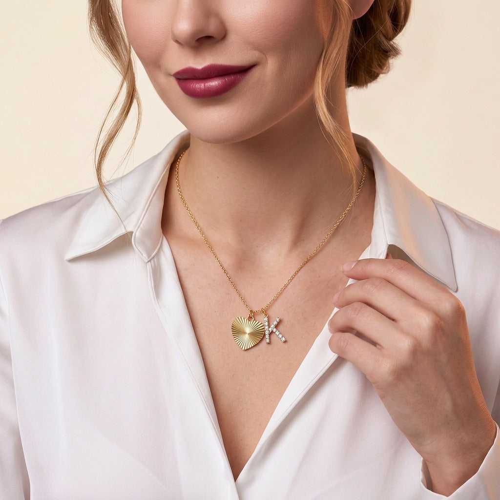 Moissanite Pave Initial and Fluted Heart Necklace in Gold-Plated 925 Silver - on model
