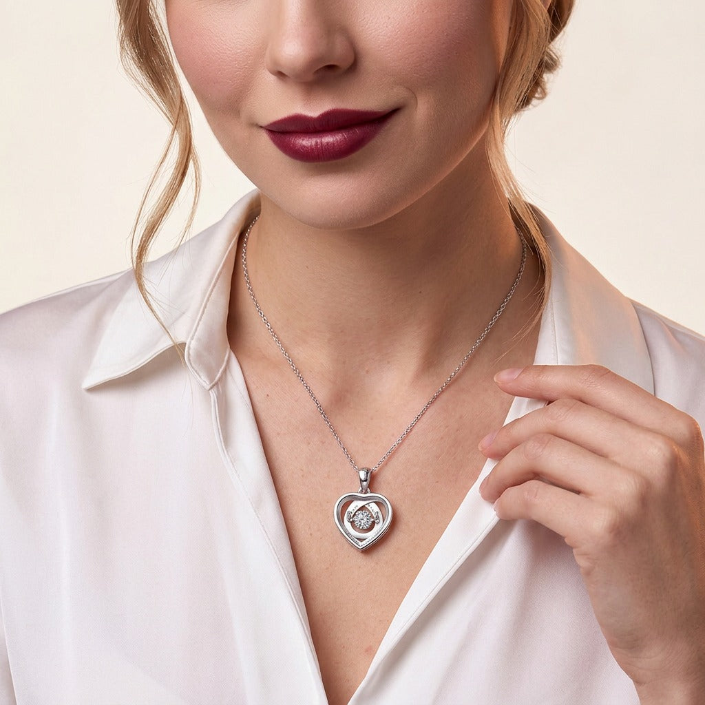 Round Moissanite Open Heart Pendant Necklace in 925 Sterling Silver - on model