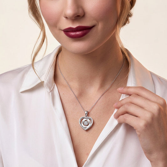 Round Moissanite Open Heart Pendant Necklace in 925 Sterling Silver - on model