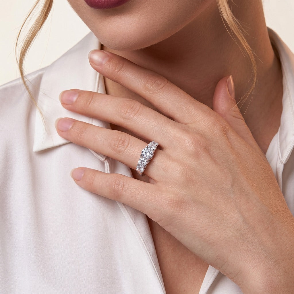 Round Moissanite Graduated Five-Stone Ring in 925 Sterling Silver - on model