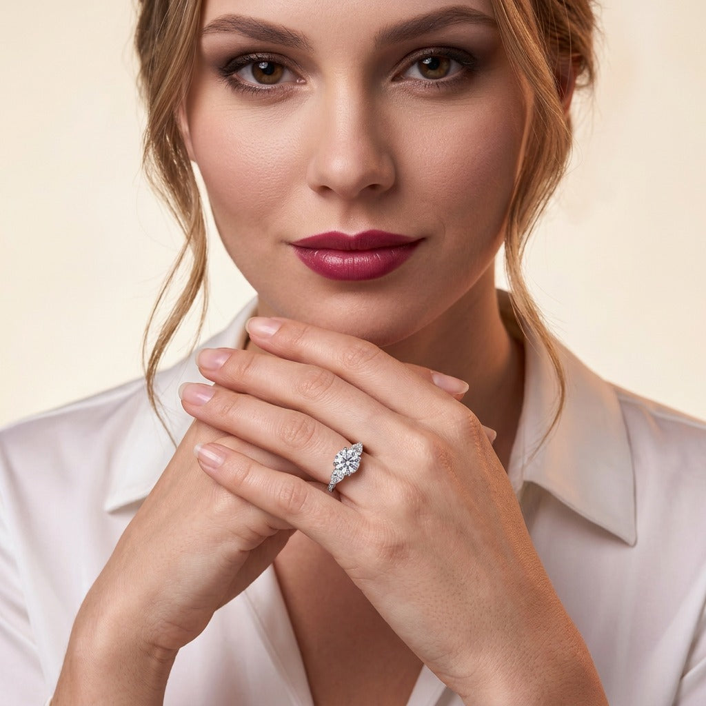 Round Moissanite Ring with Pear Side Stones in 925 Sterling Silver - on model