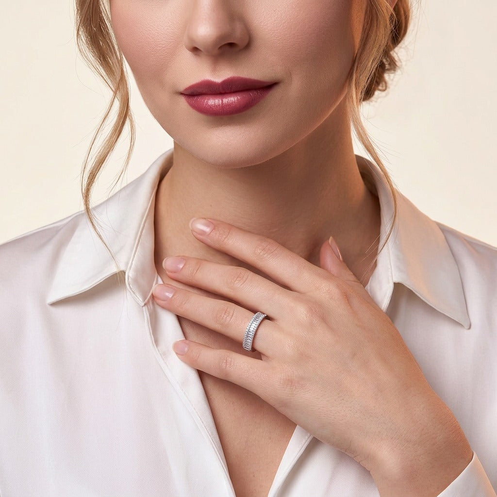 Baguette and Round Moissanite Three-Row Band in 925 Sterling Silver - on model