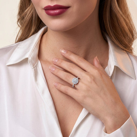 Round Moissanite Floral Halo Ring with Pave Band in 925 Silver - on model