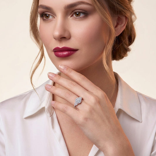 Round Moissanite Halo Ring with Pear Pave Accents in 925 Silver - on model