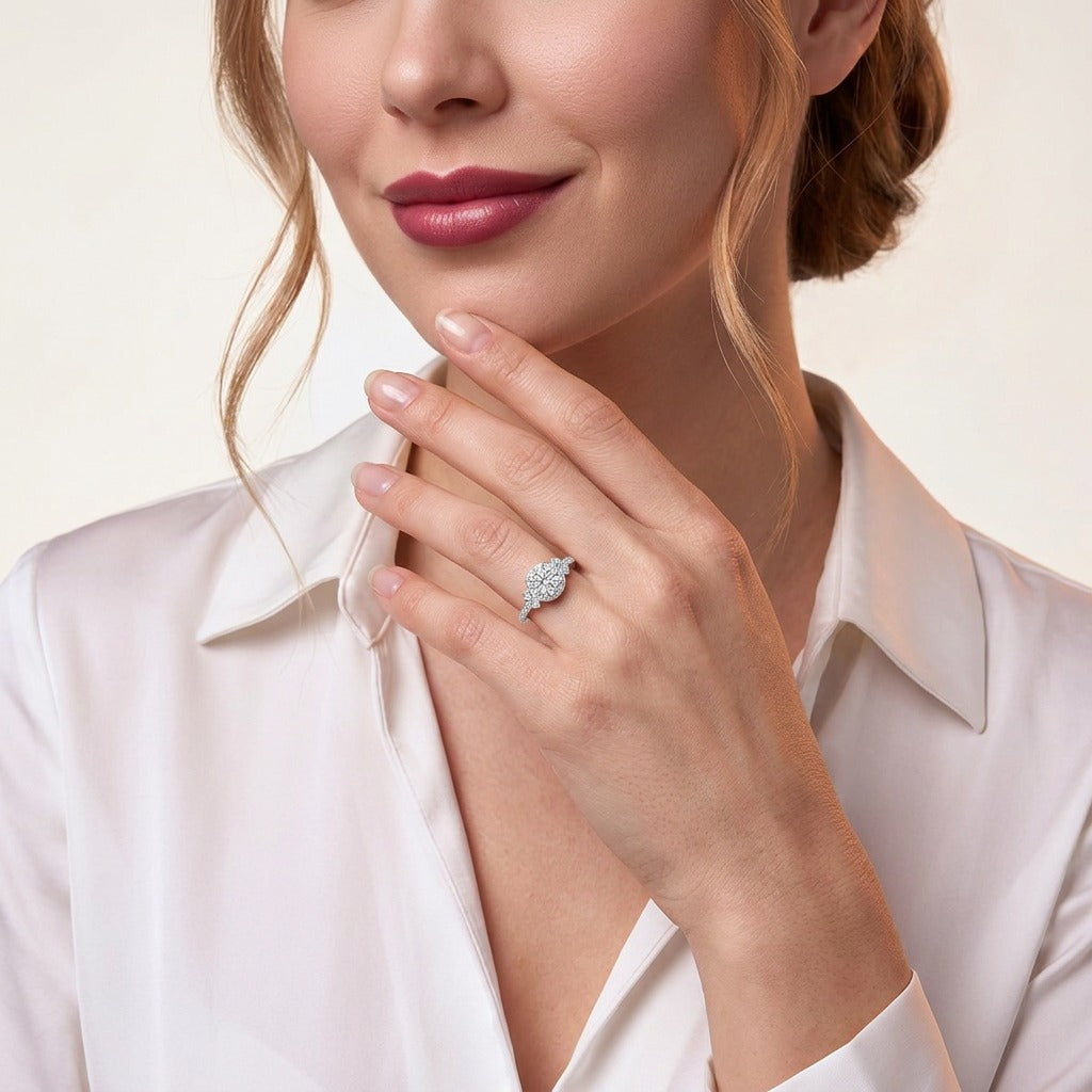 Round Moissanite Halo Ring with Geometric Side Accents in 925 Silver - on model