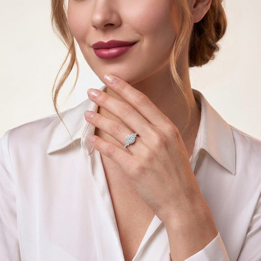 Round Moissanite Halo Ring with Geometric Side Accents in 925 Silver - on model