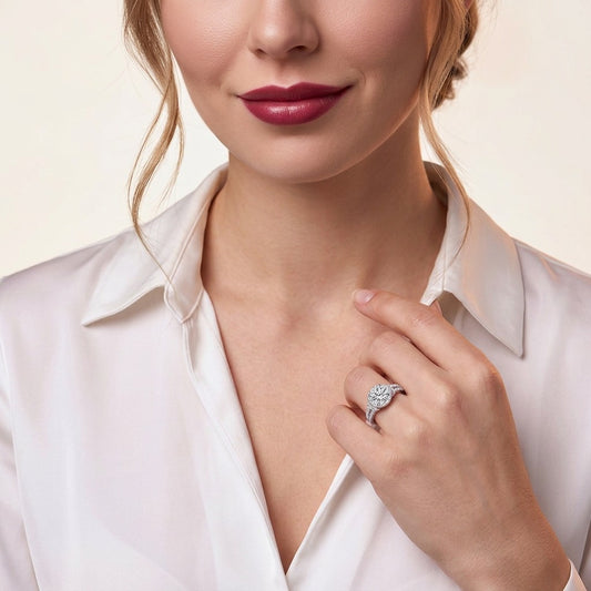 Round Moissanite Halo Ring with Split Pave Shank in 925 Silver - on model