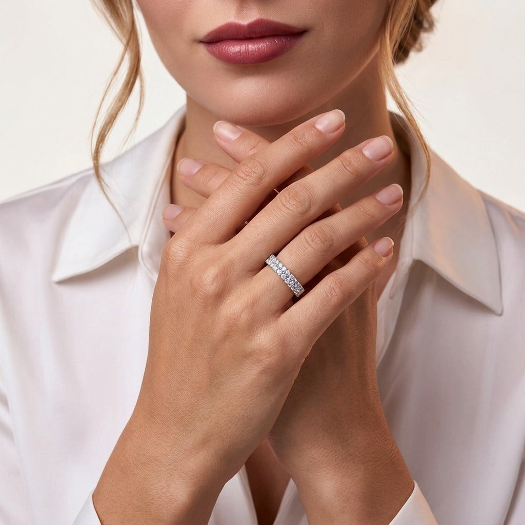Moissanite Double-Row Pave Half-Eternity Band in 925 Sterling Silver - on model