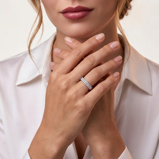 Moissanite Double-Row Pave Half-Eternity Band in 925 Sterling Silver - on model