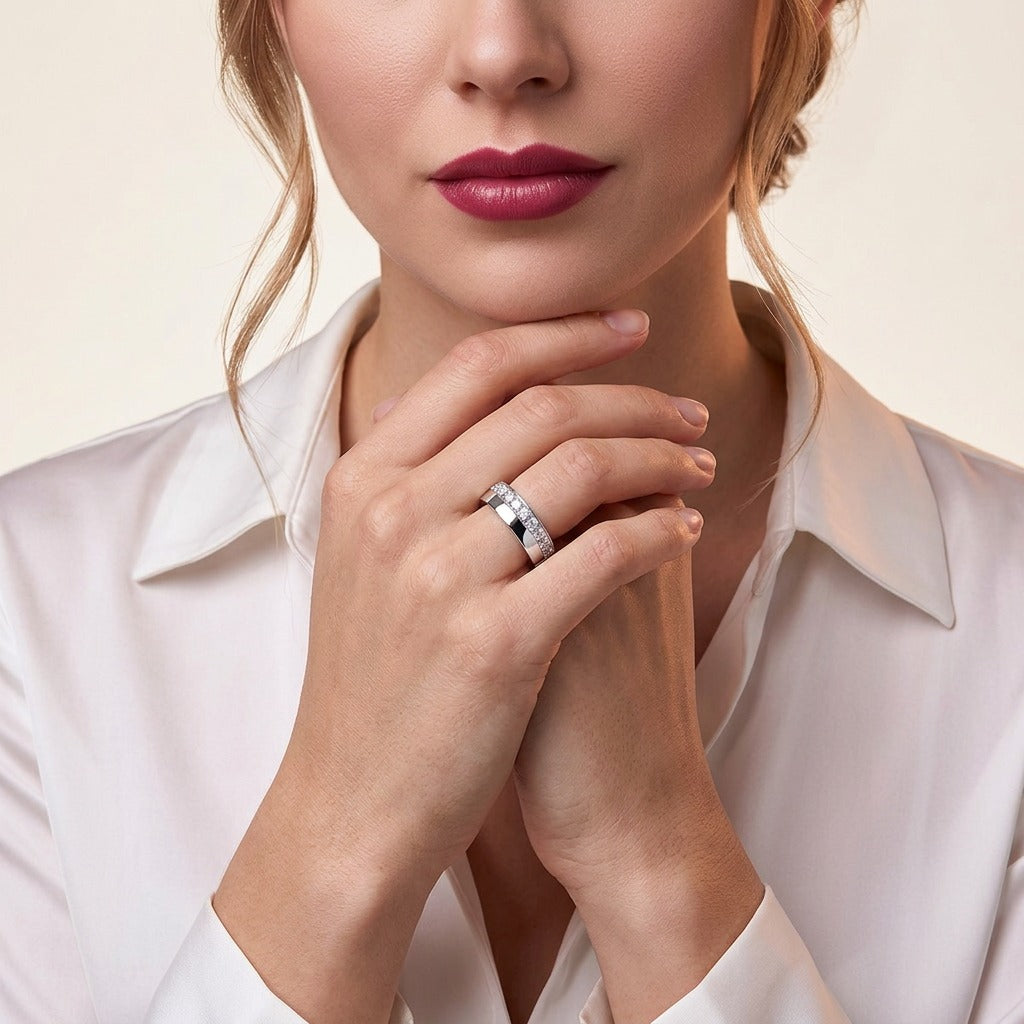 Moissanite Offset Double Band Ring with Pave Row in 925 Silver - on model